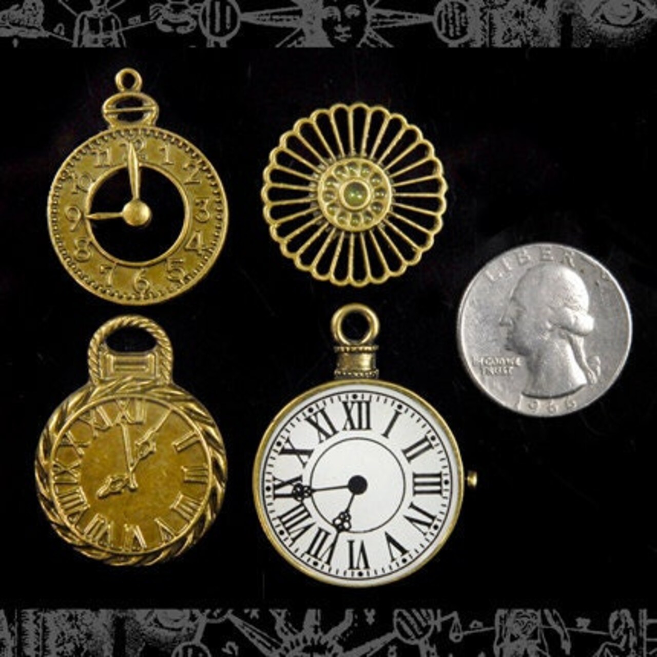 Bronze Finish Steampunk Clock or Pocket Watch Charms and Wheel Pendants - Set of Four - ZB-SP03Set